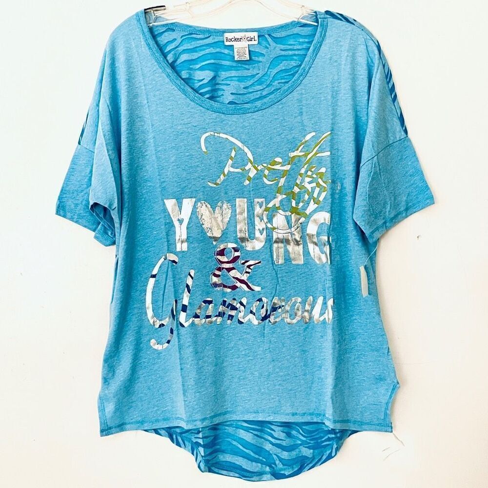 NWT Rocker Girl L Pretty Young & Glamorous Blue Short Sleeve High Low T- Shirt